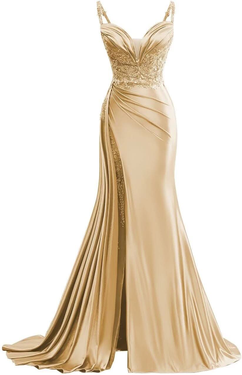 V Neck Satin Prom Dresses Long Mermaid Lace Evening Gown with Slit Pleated Bodycon Formal Dress with Tail - Bmbride