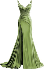 V Neck Satin Prom Dresses Long Mermaid Lace Evening Gown with Slit Pleated Bodycon Formal Dress with Tail - Bmbride