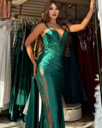 V Neck Satin Prom Dresses Long Mermaid Lace Evening Gown with Slit Pleated Bodycon Formal Dress with Tail - Bmbride