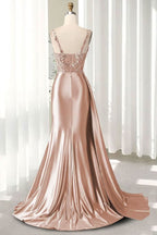 V Neck Satin Prom Dresses Long Mermaid Lace Evening Gown with Slit Pleated Bodycon Formal Dress with Tail - Bmbride