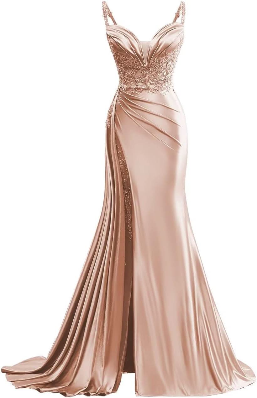 V Neck Satin Prom Dresses Long Mermaid Lace Evening Gown with Slit Pleated Bodycon Formal Dress with Tail - Bmbride