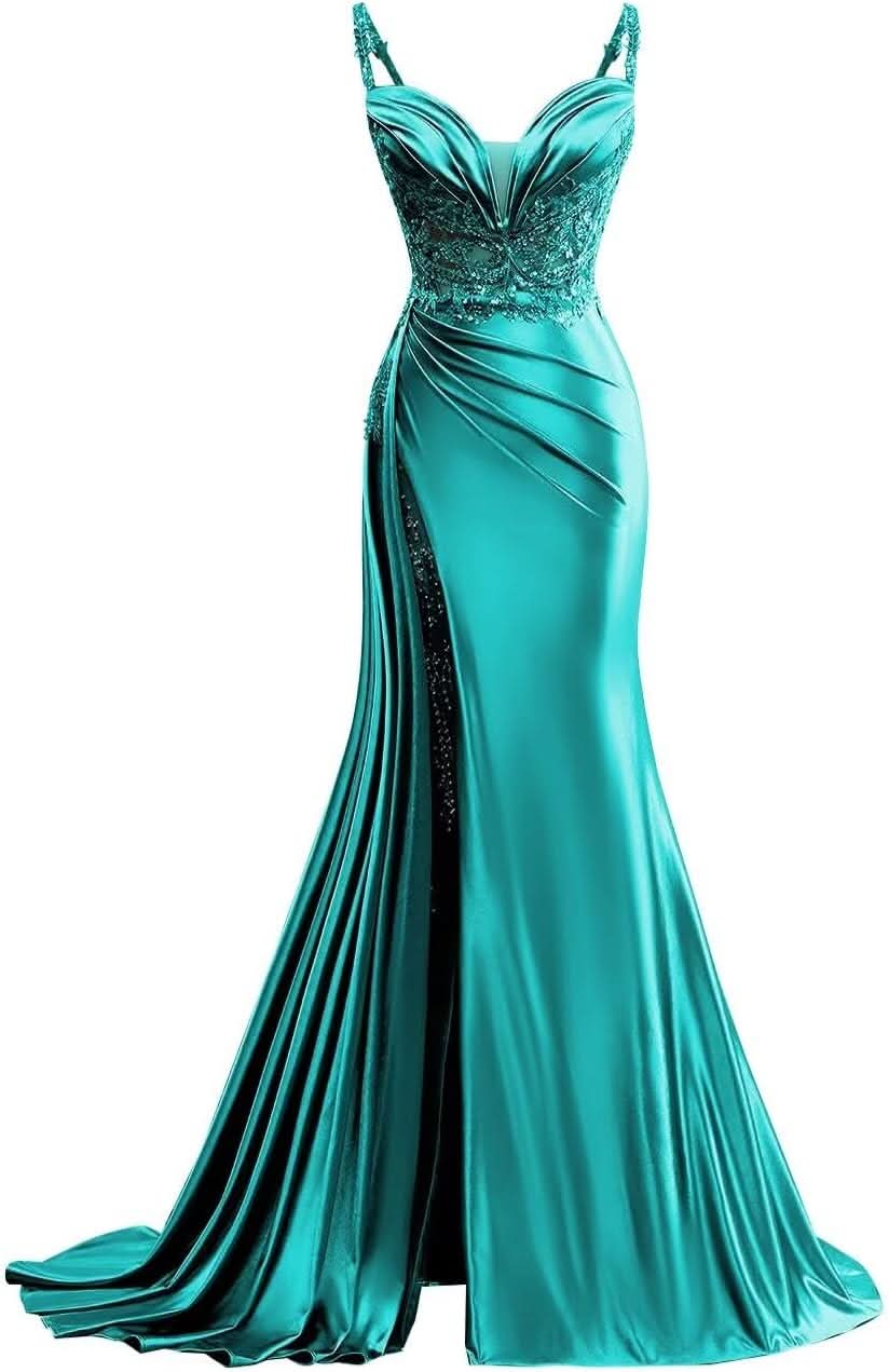 V Neck Satin Prom Dresses Long Mermaid Lace Evening Gown with Slit Pleated Bodycon Formal Dress with Tail - Bmbride