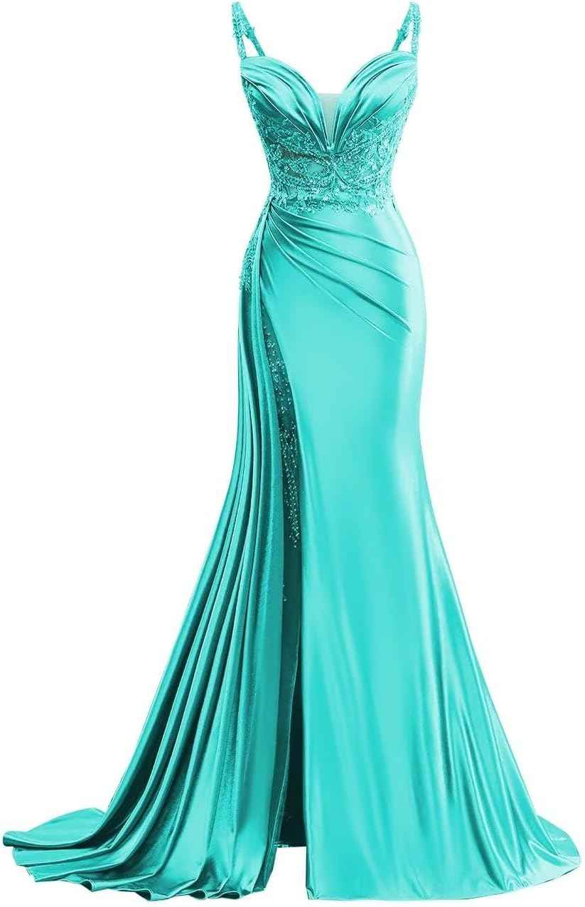V Neck Satin Prom Dresses Long Mermaid Lace Evening Gown with Slit Pleated Bodycon Formal Dress with Tail - Bmbride