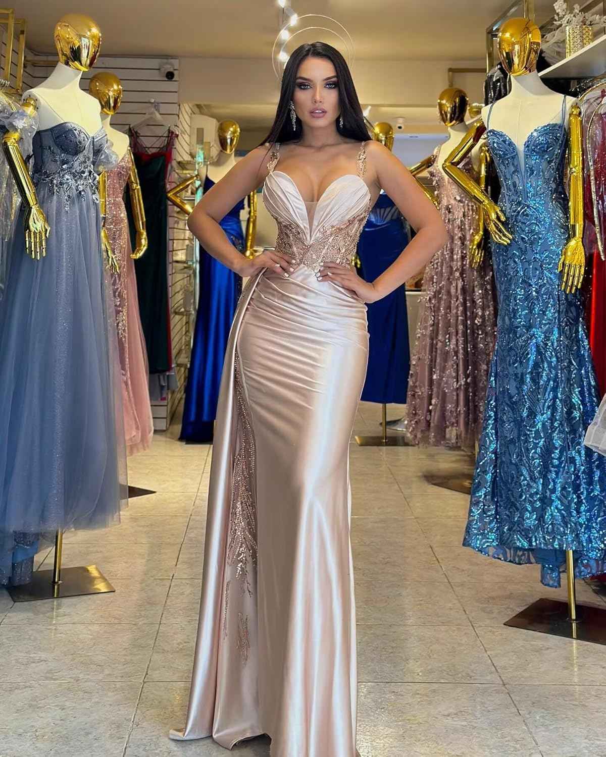 V Neck Satin Prom Dresses Long Mermaid Lace Evening Gown with Slit Pleated Bodycon Formal Dress with Tail - Bmbride