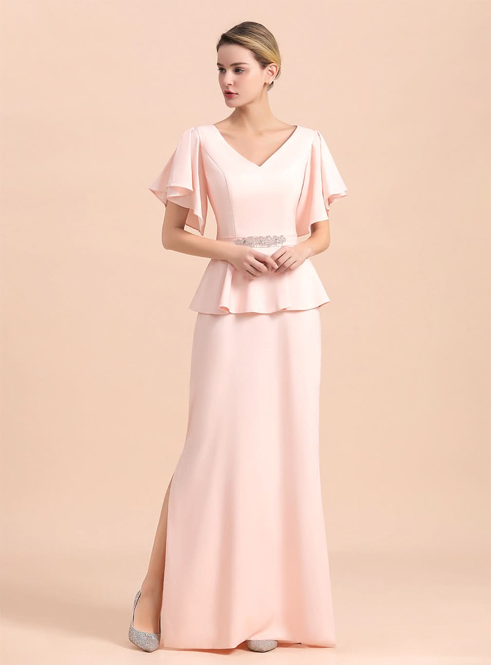 V-Neck Short Sleeves Front Slit Dress BMbride