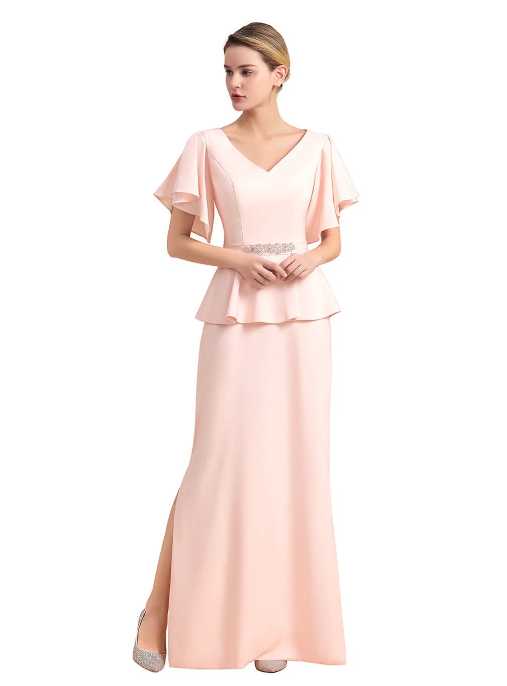 V-Neck Short Sleeves Front Slit Dress BMbride