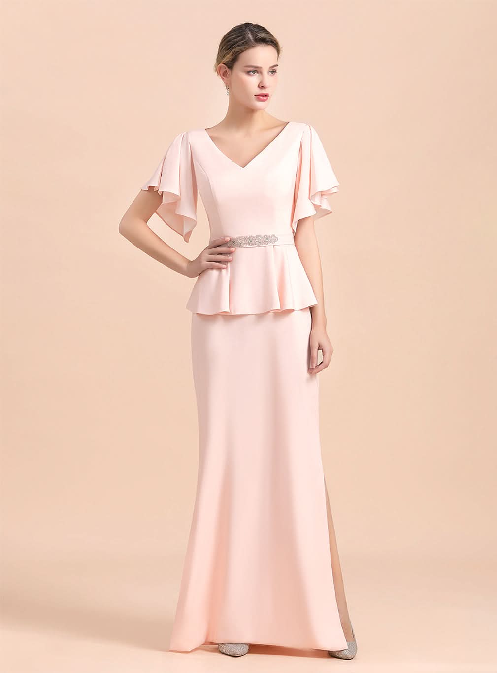 V-Neck Short Sleeves Front Slit Dress BMbride