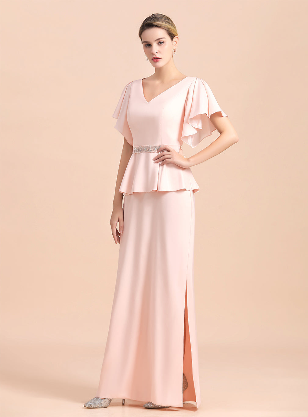 V-Neck Short Sleeves Front Slit Dress BMbride