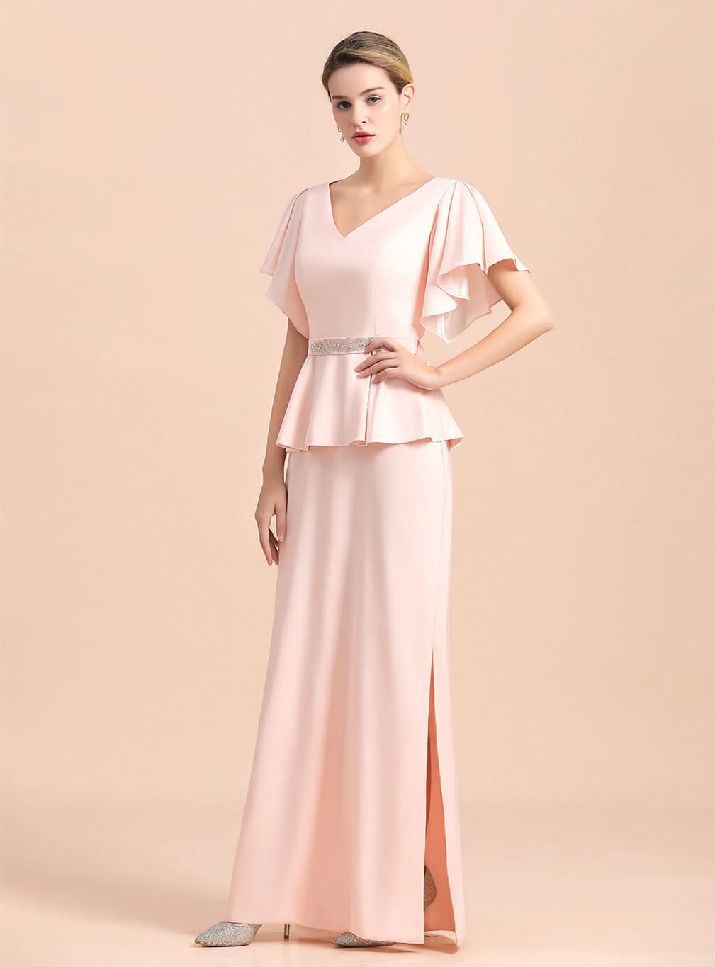 V-Neck Short Sleeves Front Slit Dress BMbride