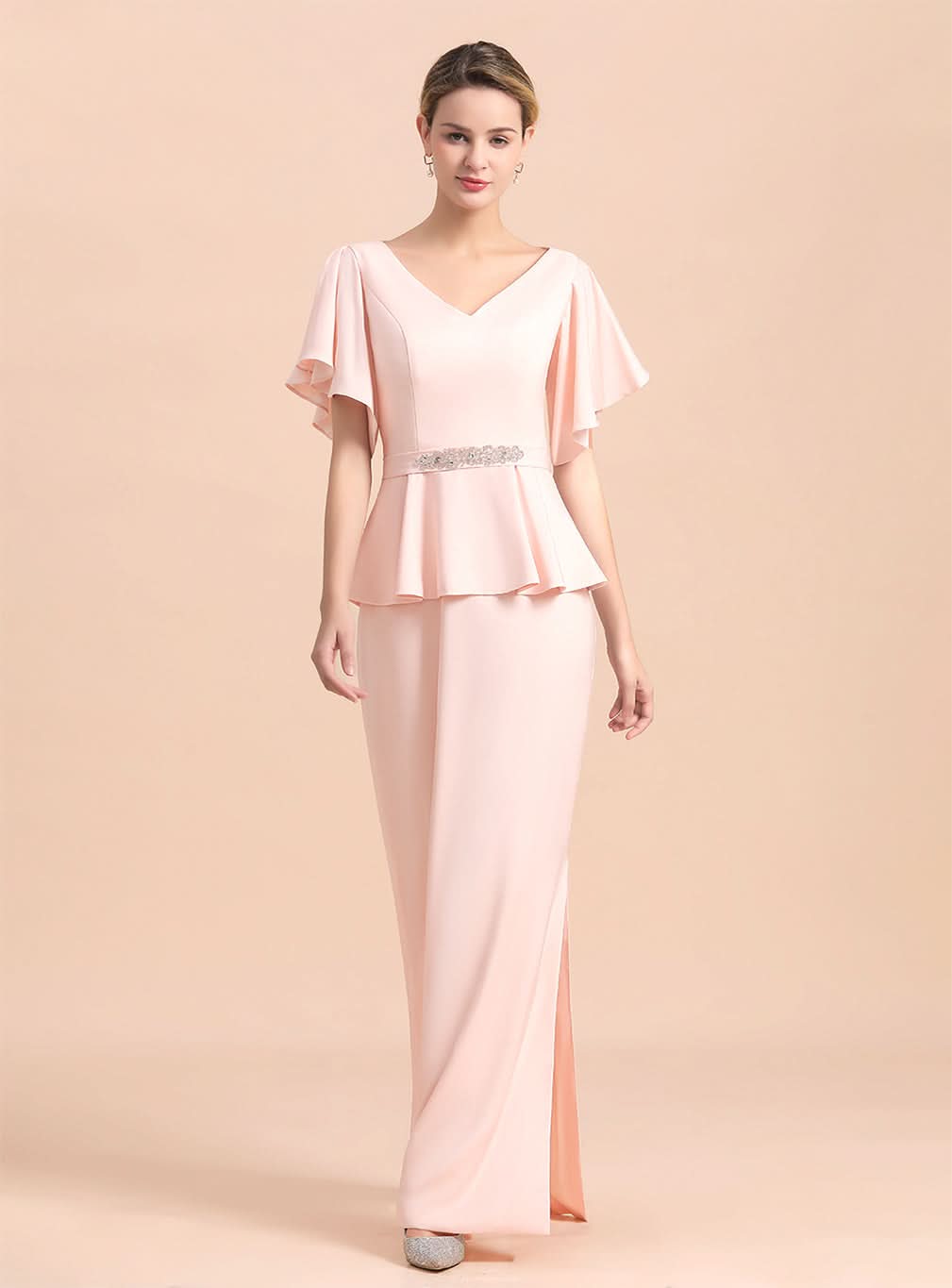 V-Neck Short Sleeves Front Slit Dress BMbride