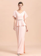 V-Neck Short Sleeves Front Slit Dress BMbride