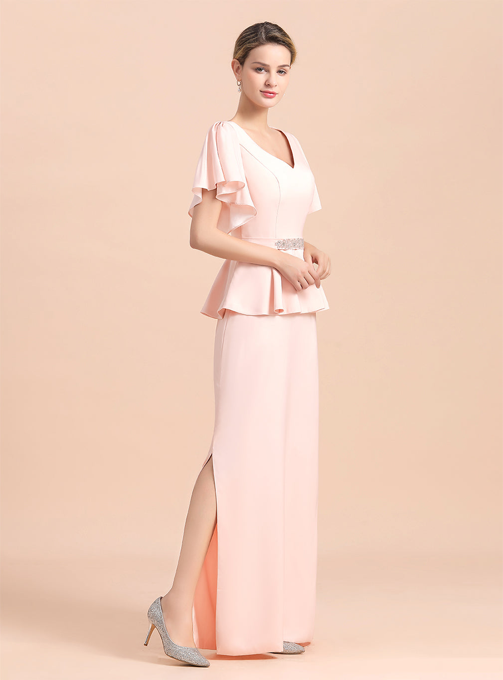 V-Neck Short Sleeves Front Slit Dress BMbride