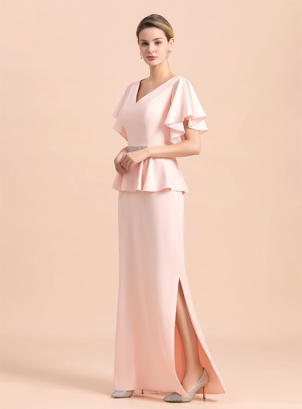 V-Neck Short Sleeves Front Slit Dress BMbride