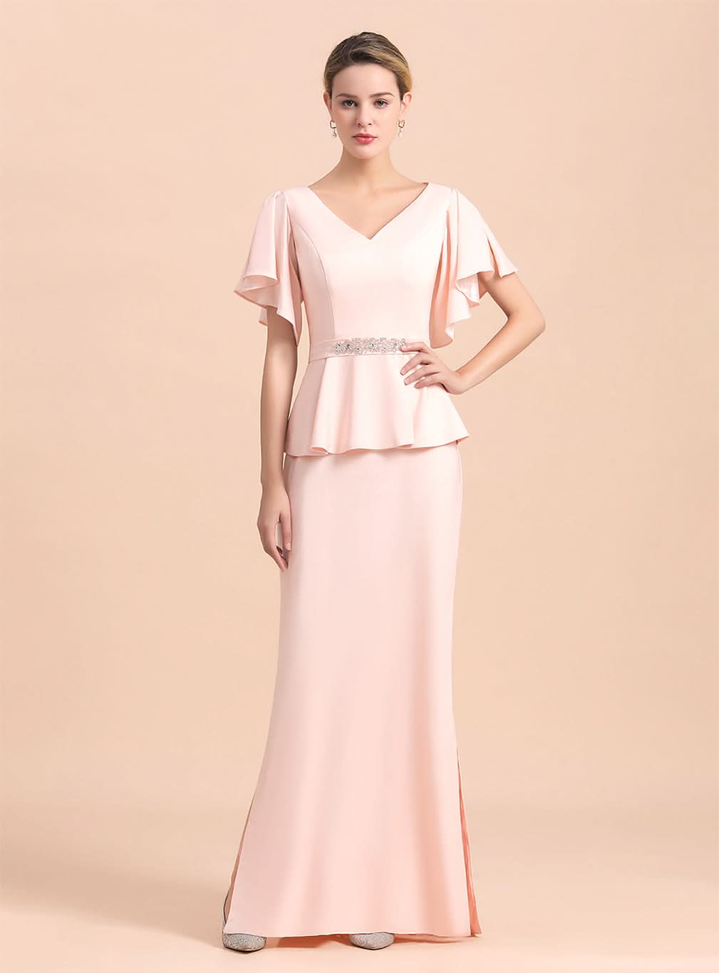 V-Neck Short Sleeves Front Slit Dress BMbride