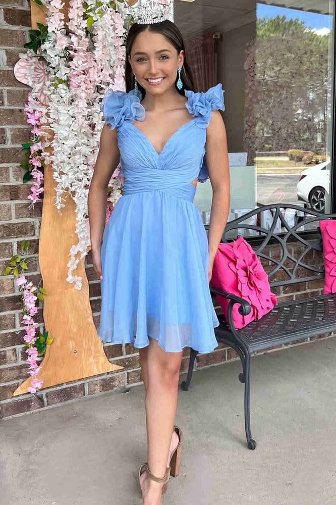 V-Neck Sky Blue Pleated A-Line Party Dress BM bride
