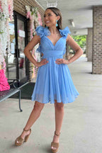 V-Neck Sky Blue Pleated A-Line Party Dress BM bride