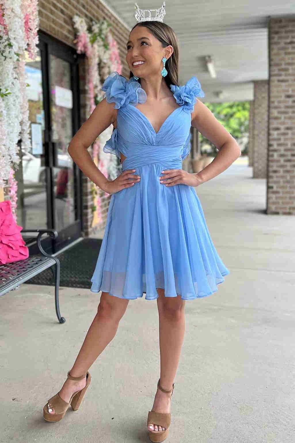 V-Neck Sky Blue Pleated A-Line Party Dress BM bride