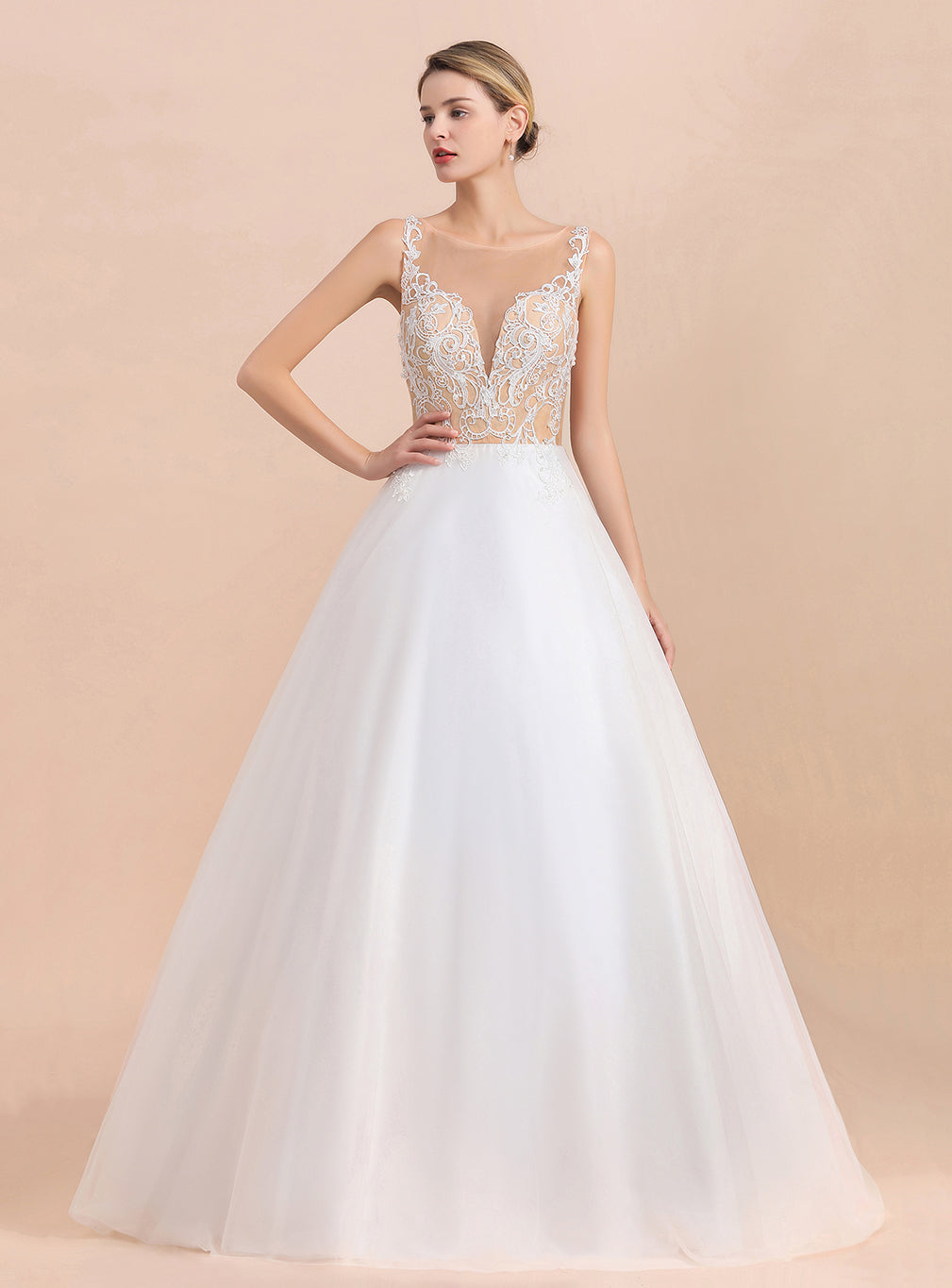 V-Neck Spaghetti Straps Sleeveless Tulle Lace Wedding Dress BMbride