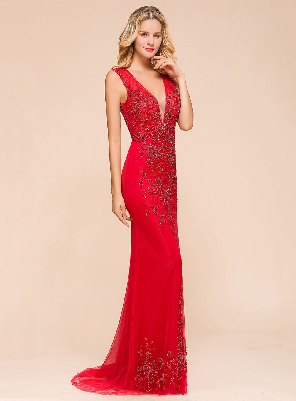 V-Neck Straps Sleeveless Floor-Length Dress BMbride