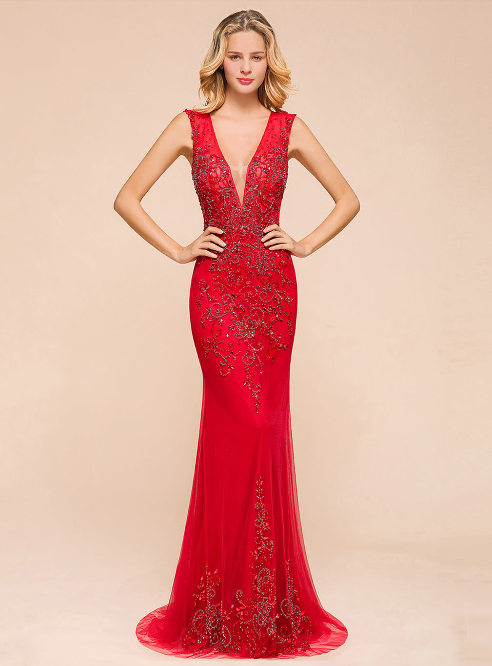 V-Neck Straps Sleeveless Floor-Length Dress BMbride