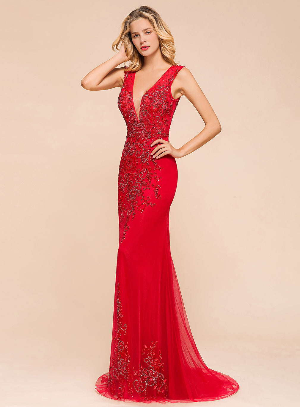 V-Neck Straps Sleeveless Floor-Length Dress BMbride