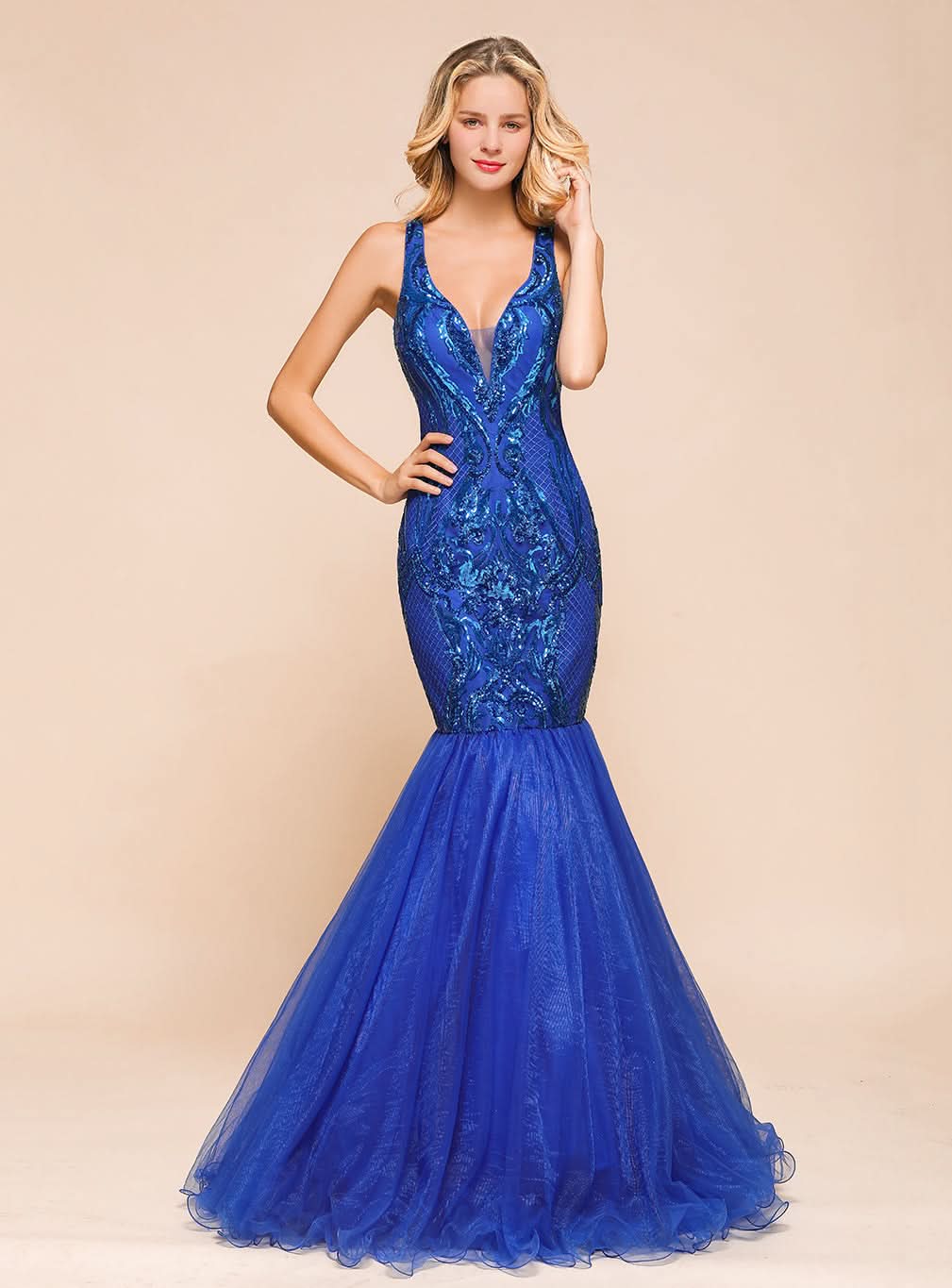 V-Neck Straps Sleeveless Mermaid Floor-Length Dress BMbride