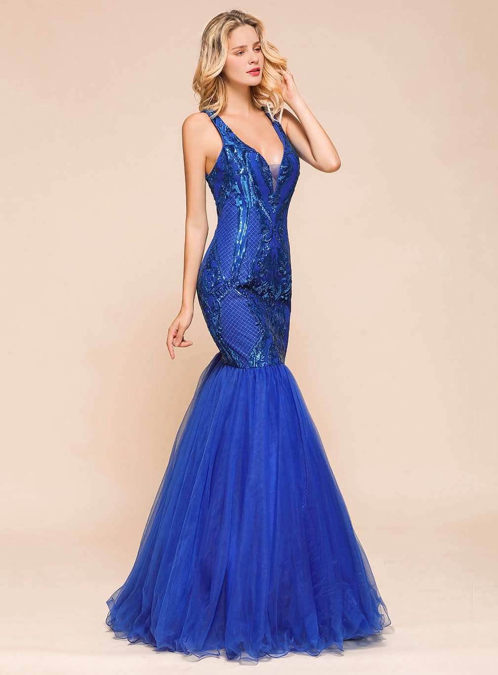 V-Neck Straps Sleeveless Mermaid Floor-Length Dress BMbride
