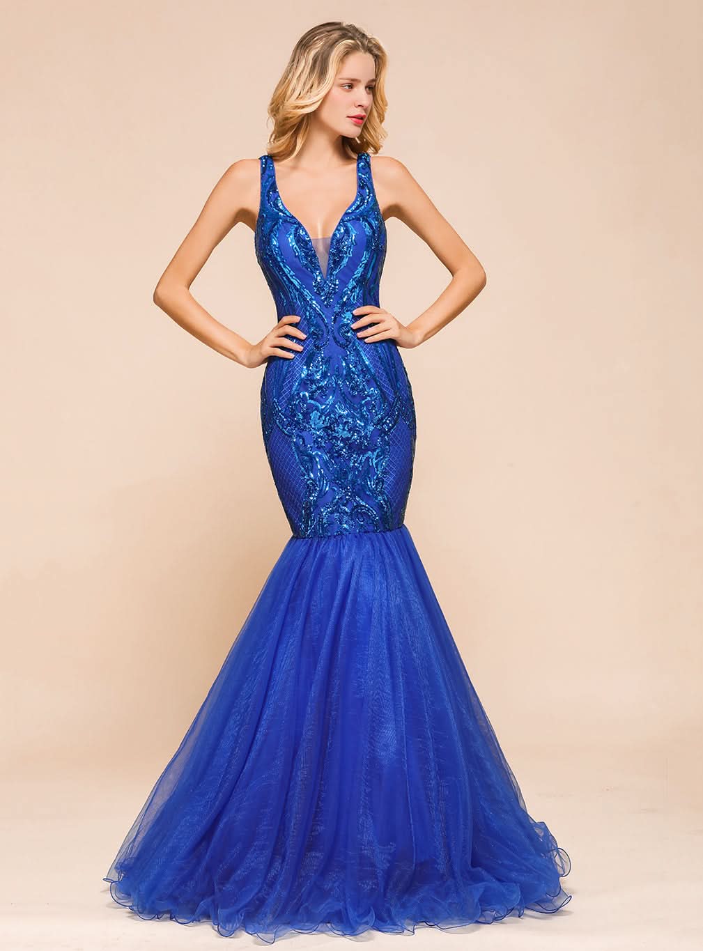 V-Neck Straps Sleeveless Mermaid Floor-Length Dress BMbride