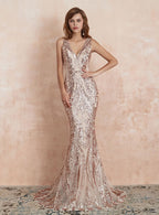 V-Neck Straps Sleeveless Sequins Mermaid Dress BMbride