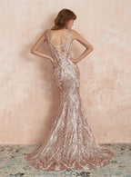 V-Neck Straps Sleeveless Sequins Mermaid Dress BMbride