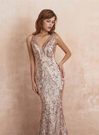 V-Neck Straps Sleeveless Sequins Mermaid Dress BMbride