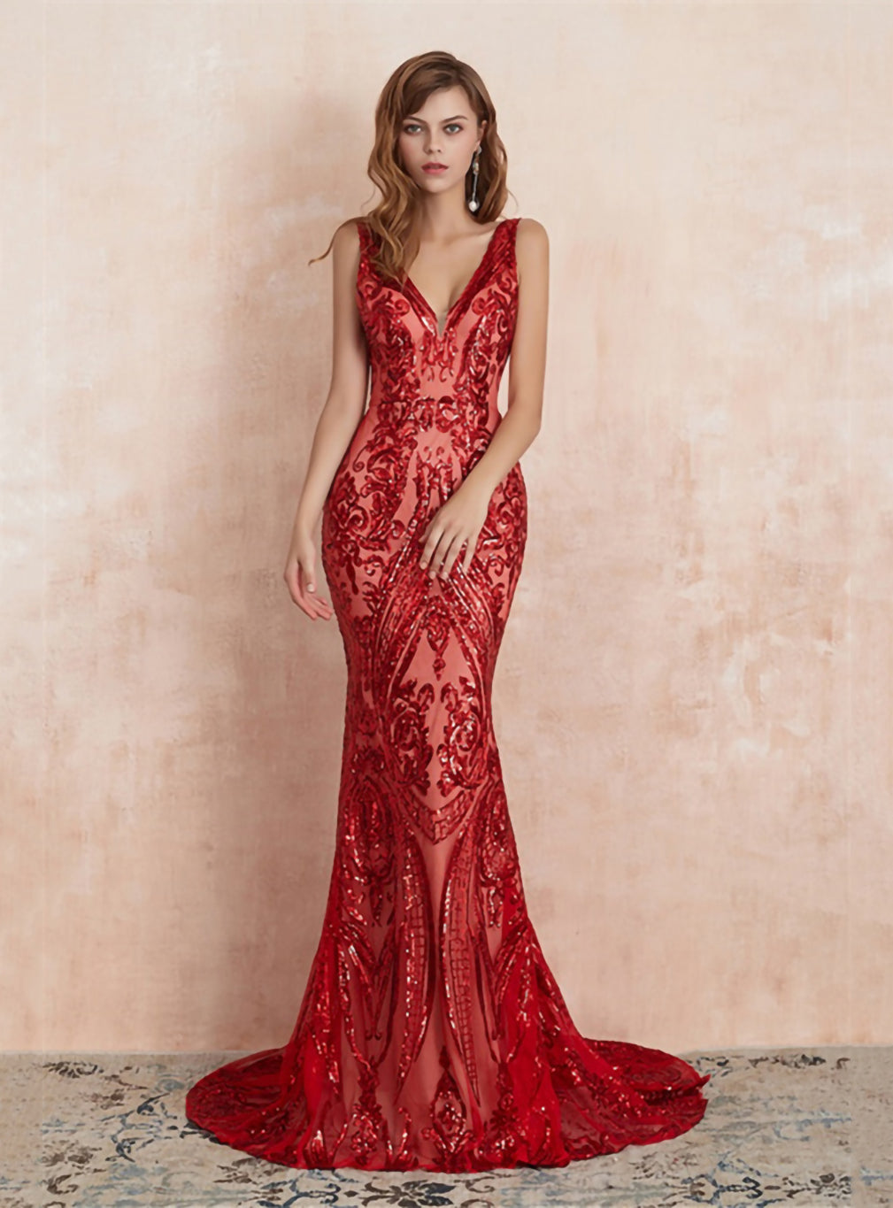 V-Neck Straps Sleeveless Sequins Mermaid Dress BMbride