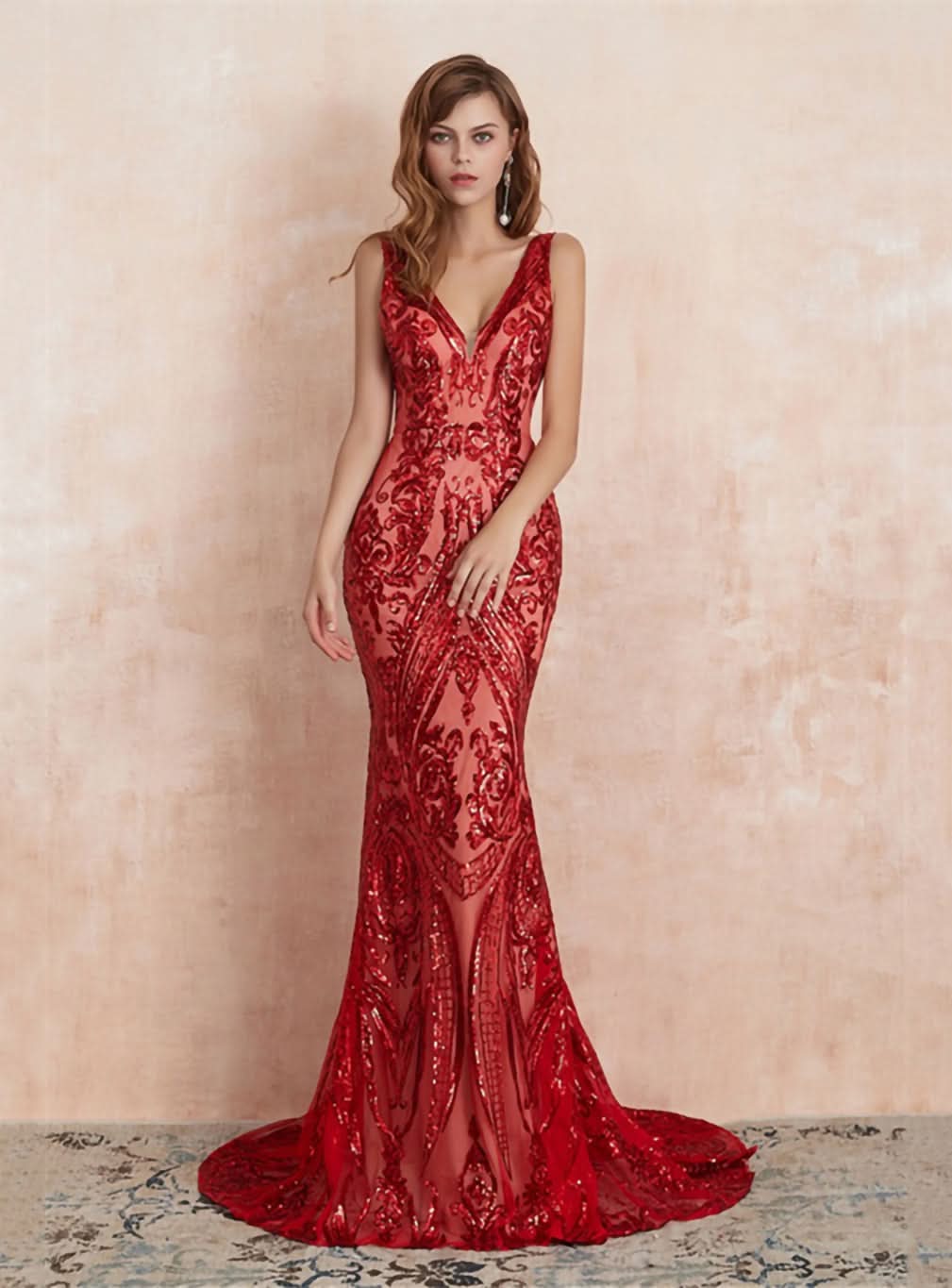 V-Neck Straps Sleeveless Sequins Mermaid Dress BMbride