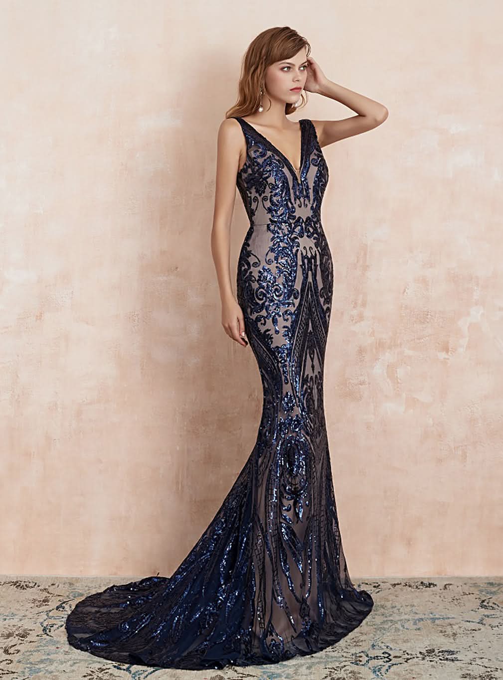 V-Neck Straps Sleeveless Sequins Mermaid Dress BMbride