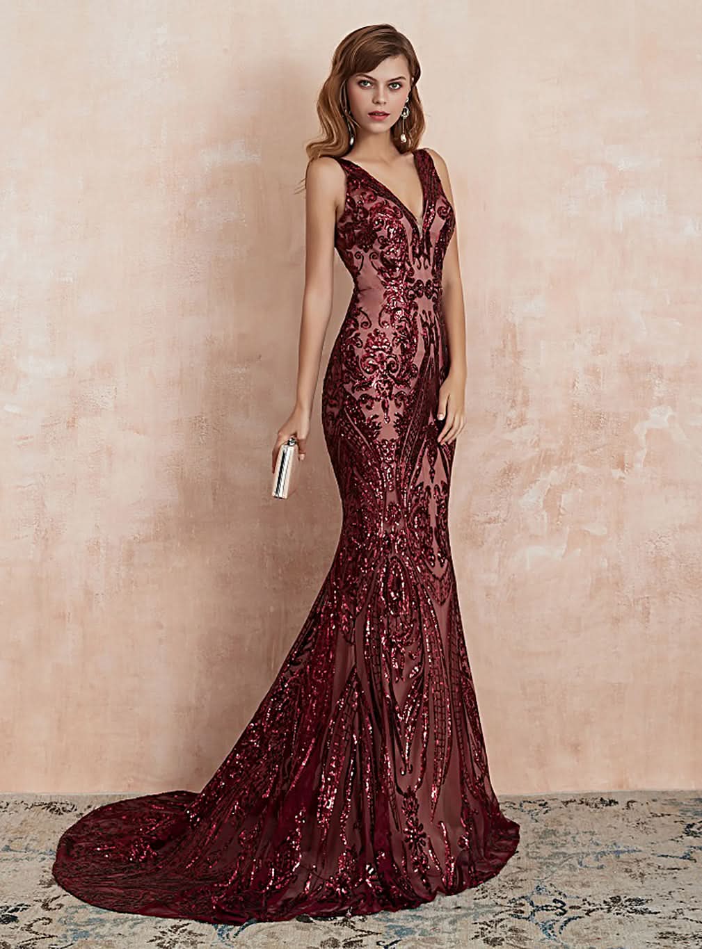 V-Neck Straps Sleeveless Sequins Mermaid Dress BMbride