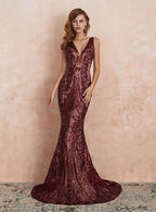 V-Neck Straps Sleeveless Sequins Mermaid Dress BMbride