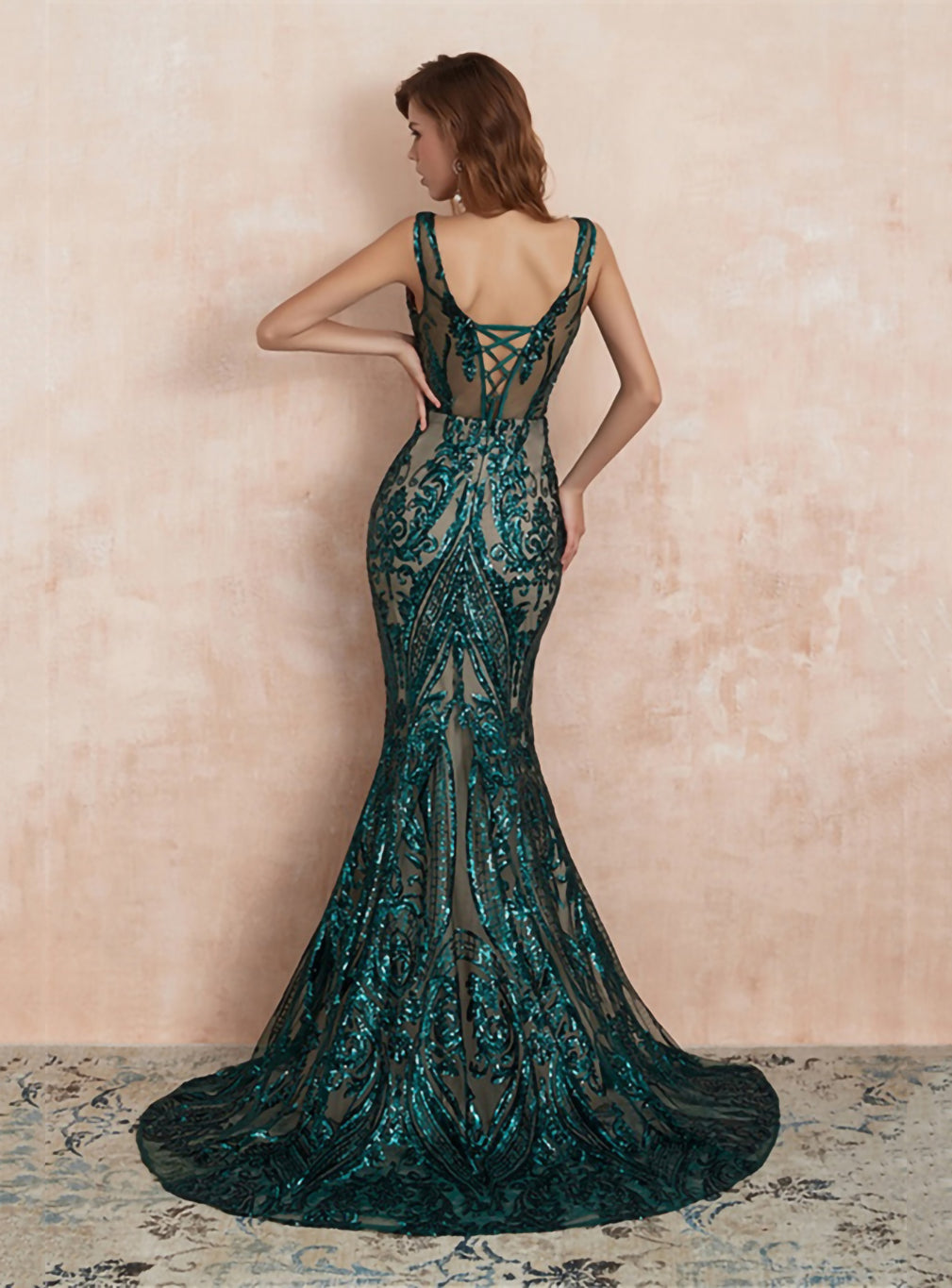 V-Neck Straps Sleeveless Sequins Mermaid Dress BMbride