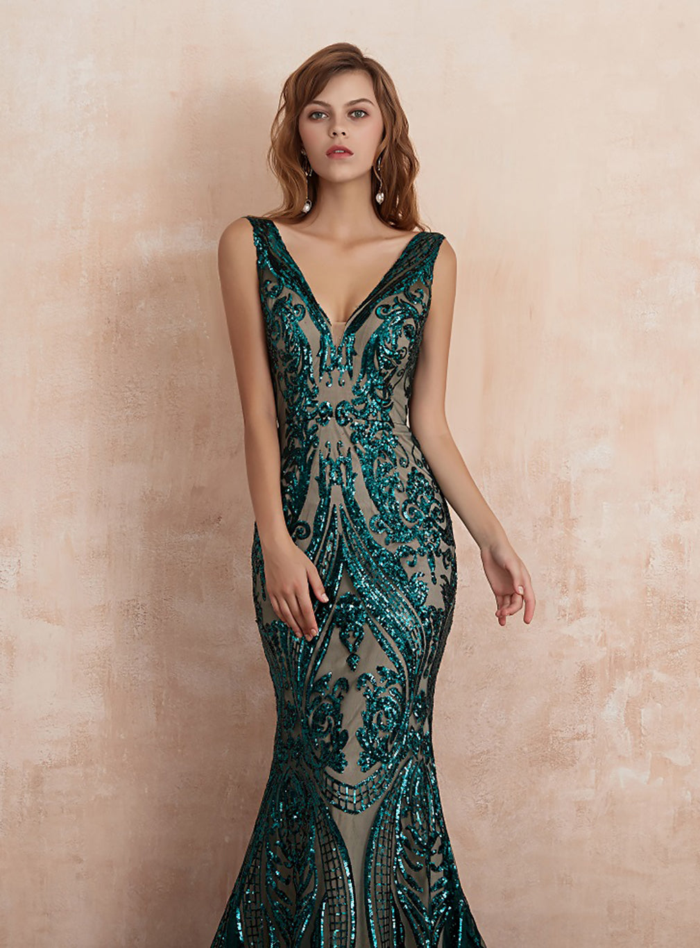 V-Neck Straps Sleeveless Sequins Mermaid Dress BMbride