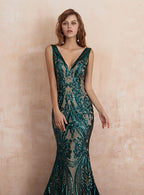 V-Neck Straps Sleeveless Sequins Mermaid Dress BMbride