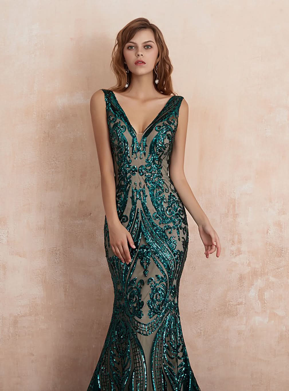 V-Neck Straps Sleeveless Sequins Mermaid Dress BMbride