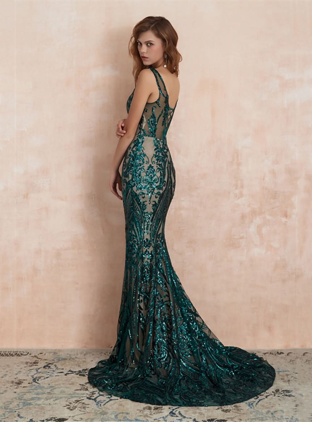 V-Neck Straps Sleeveless Sequins Mermaid Dress BMbride