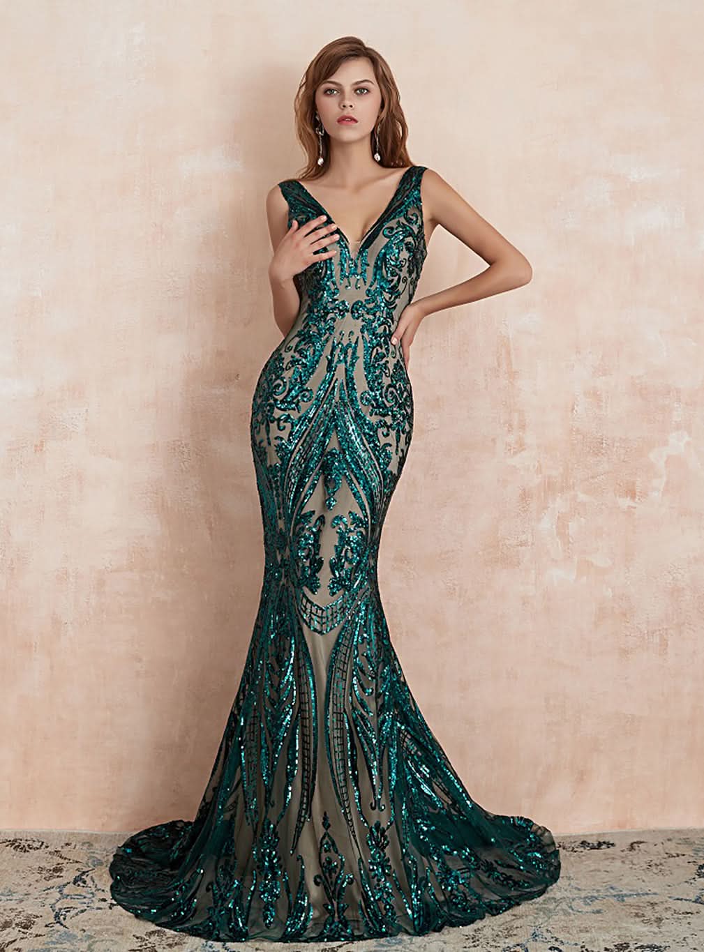 V-Neck Straps Sleeveless Sequins Mermaid Dress BMbride