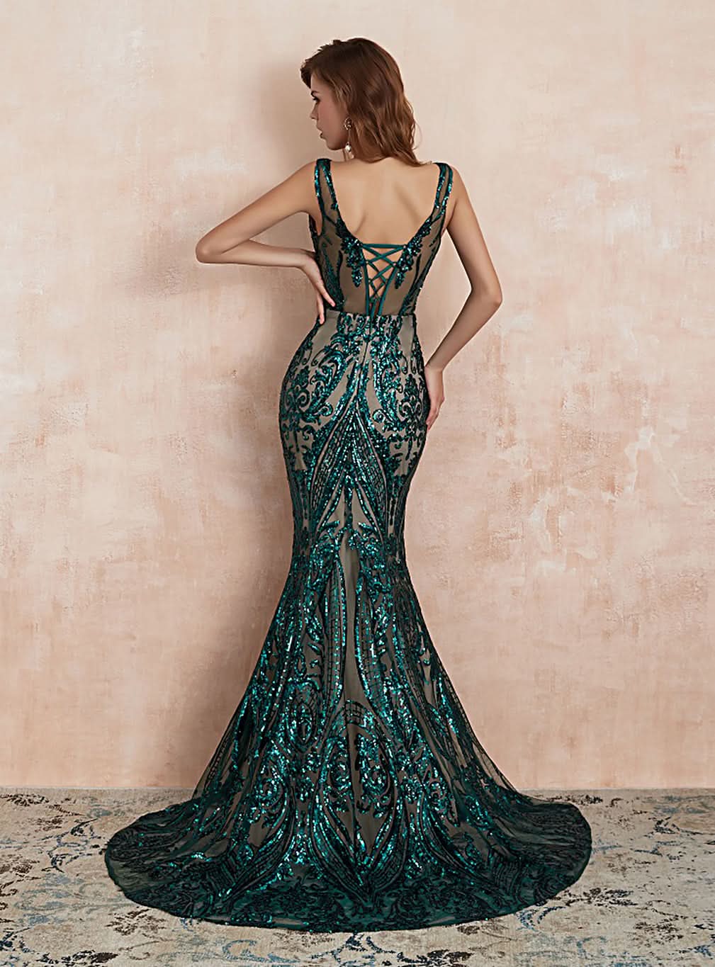 V-Neck Straps Sleeveless Sequins Mermaid Dress BMbride