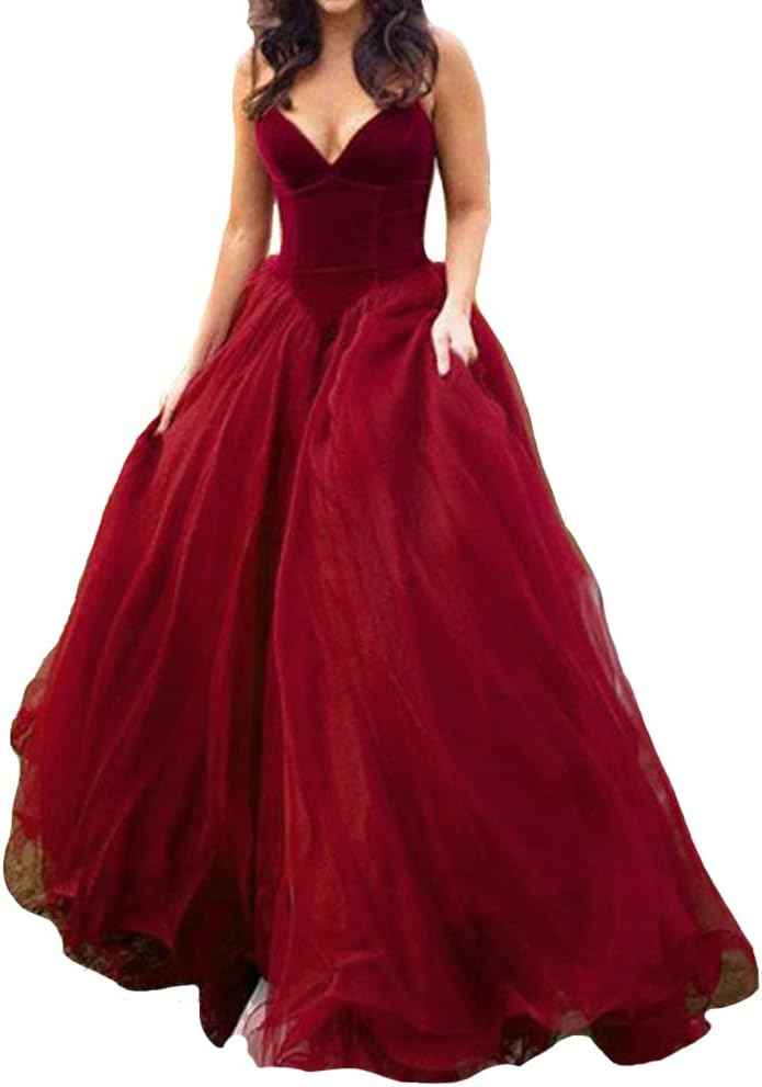 V Neck Velvet and Tulle Long Ball Gown Corset Formal Evening Prom Dresses - Bmbride