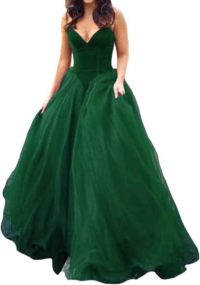V Neck Velvet and Tulle Long Ball Gown Corset Formal Evening Prom Dresses - Bmbride