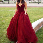 V Neck Velvet and Tulle Long Ball Gown Corset Formal Evening Prom Dresses - Bmbride