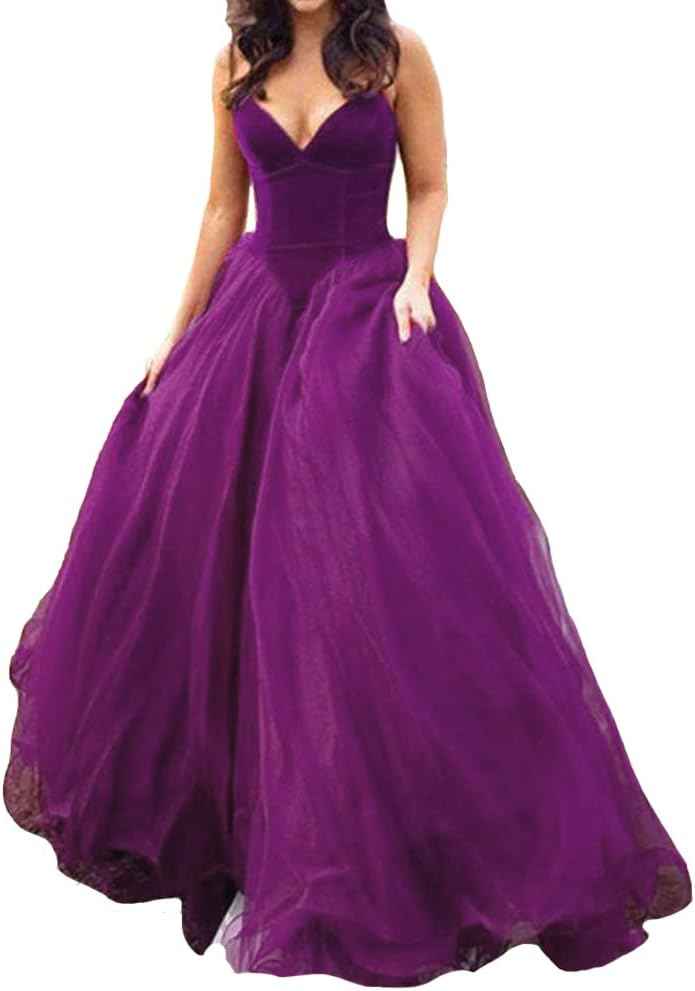 V Neck Velvet and Tulle Long Ball Gown Corset Formal Evening Prom Dresses - Bmbride