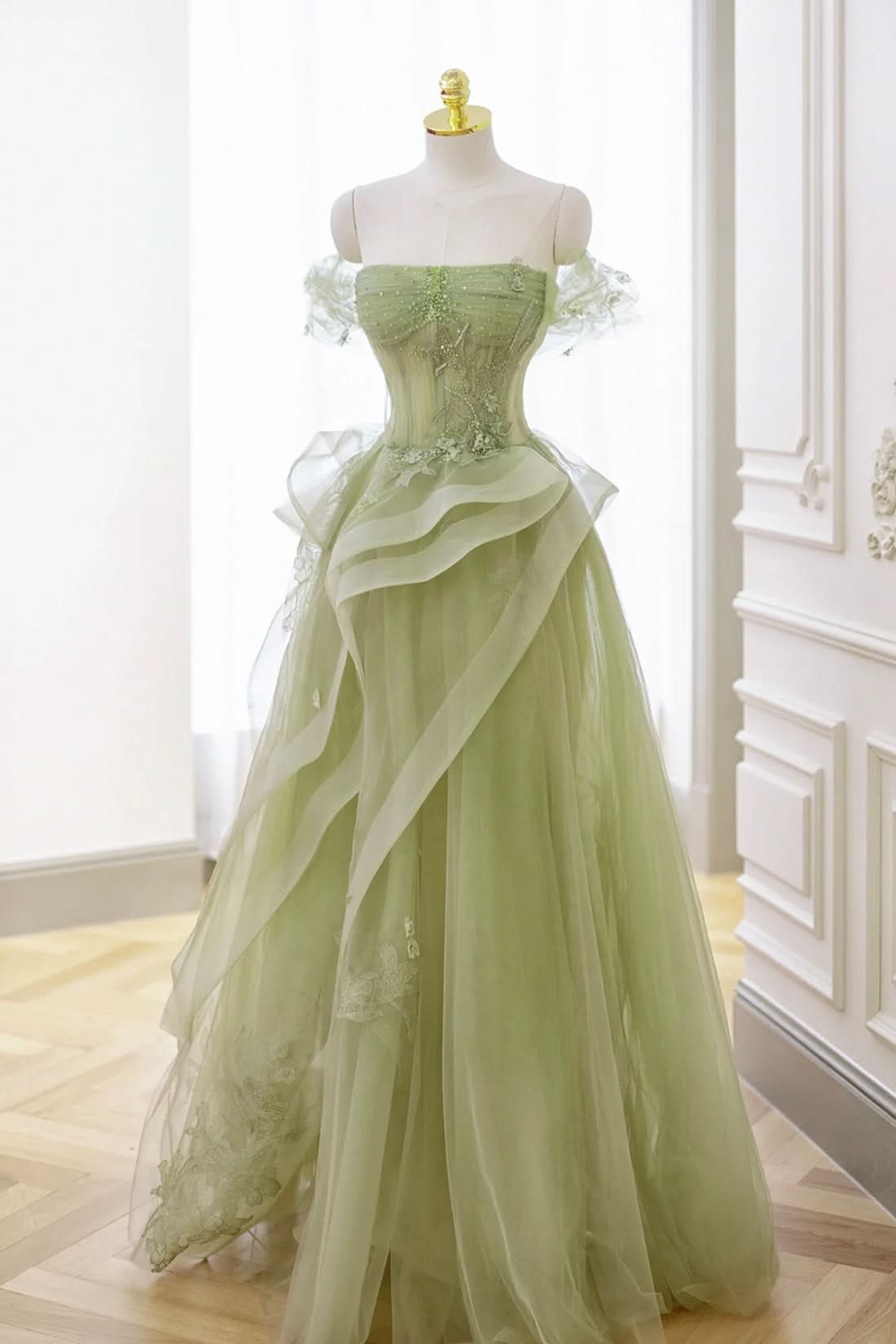 Lovely Green Tulle Lace Long Prom Dress with a Form-Fitting Corset BM bride