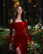 BMbride Velvet evening dresses long red | Prom dresses with sleeves BMbride