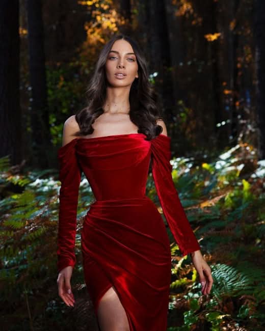 BMbride Velvet evening dresses long red | Prom dresses with sleeves BMbride